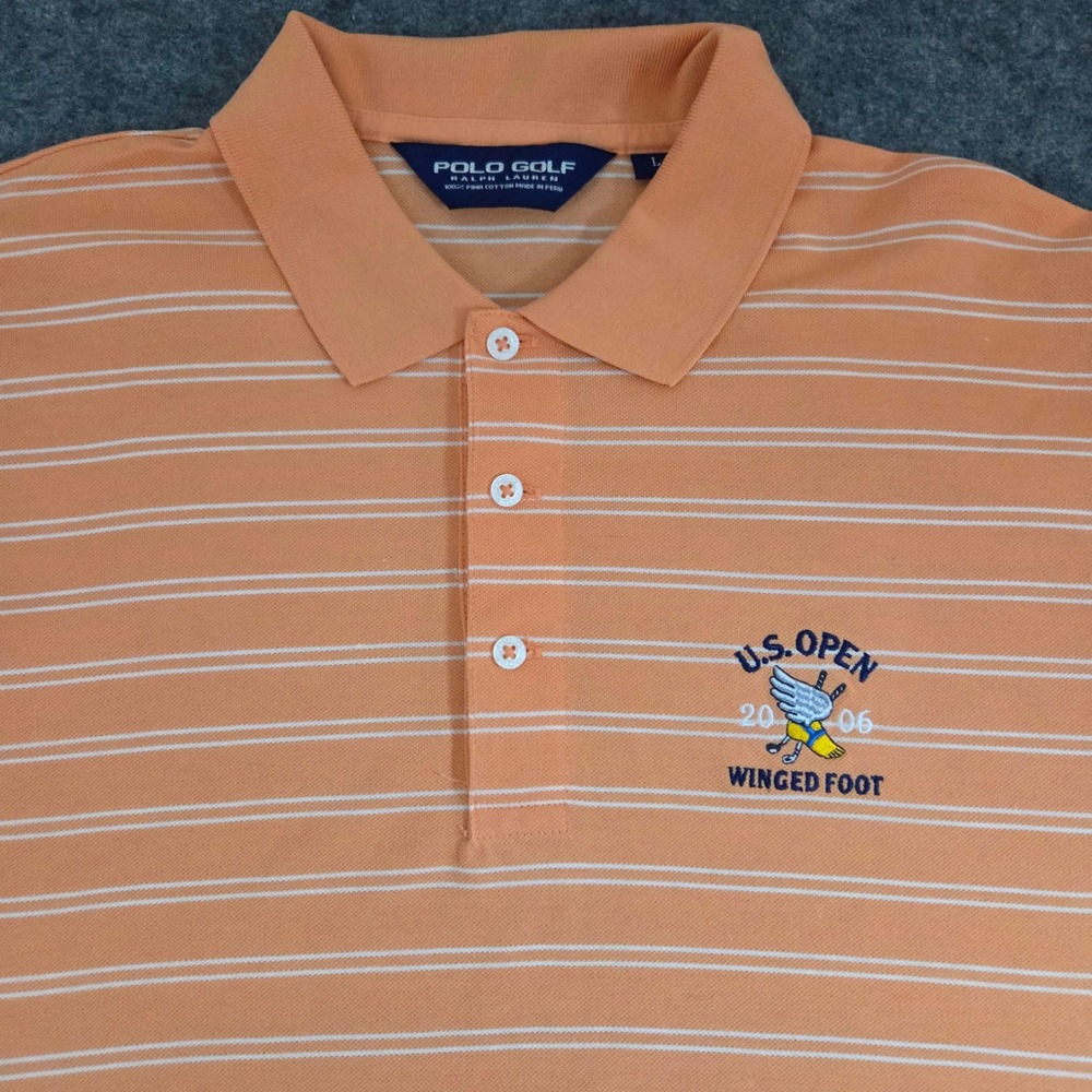 Ralph Lauren Polo Golf Shirt Mens US Open Large Orange Striped Pima Cotton - Picture 1 of 4